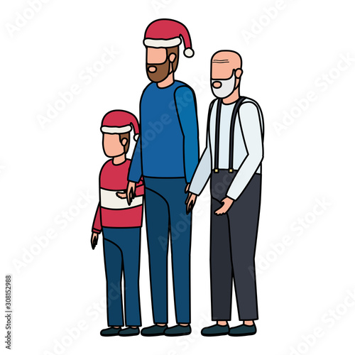 cute grandfather with young son and grandson using christmas hat