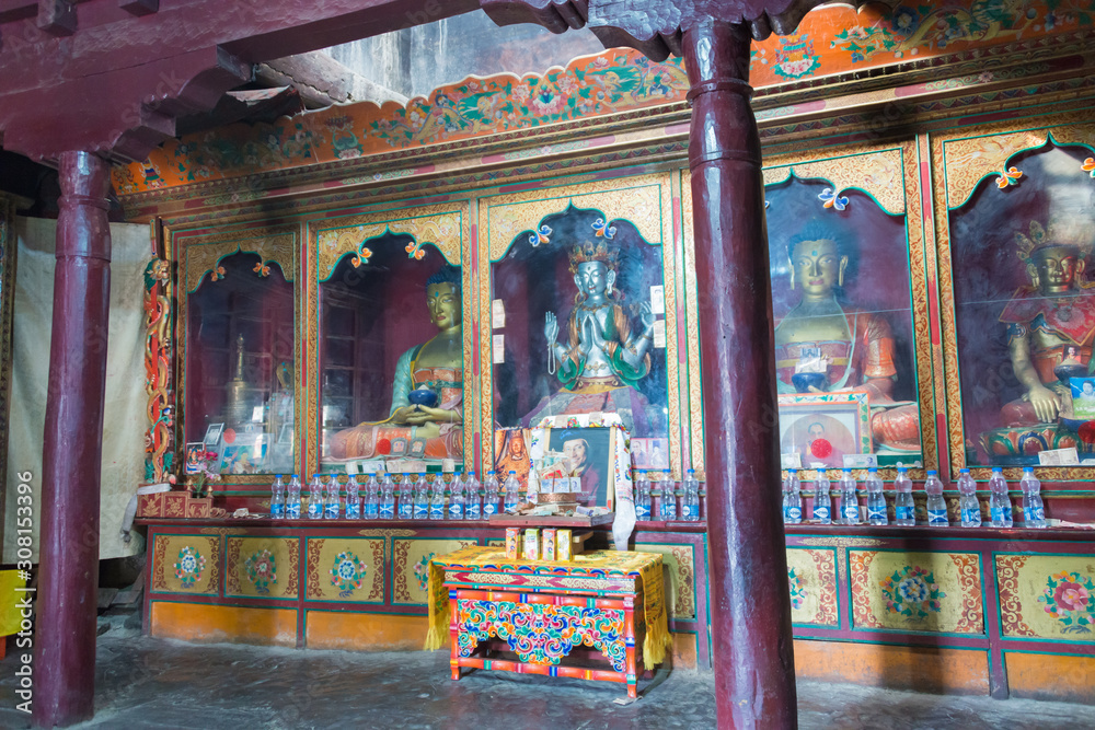 Ladakh, India - Aug 23 2019 - Buddha Statue at Tingmosgang Monastery (Tingmosgang Gompa) in Sham Valley, Ladakh, Jammu and Kashmir, India.