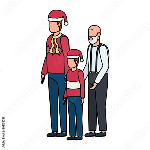 cute grandfather with young son and grandson using christmas hat