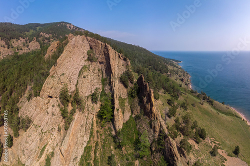 Top view of the harsh cliffs on the shore of Lake Baikal