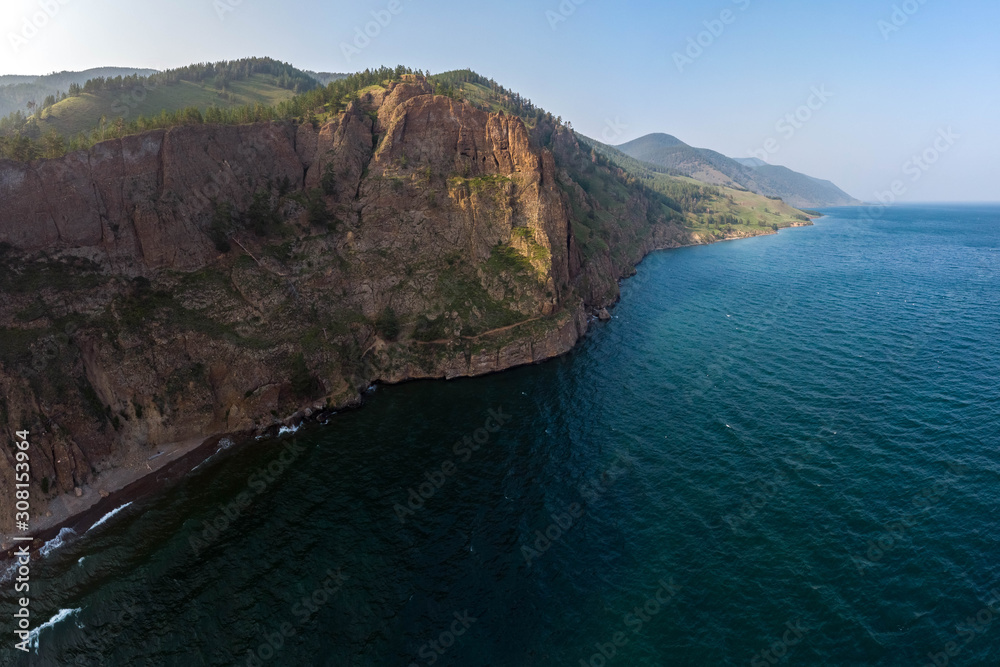 Top view of large rocks on the coast of Lake Baikal