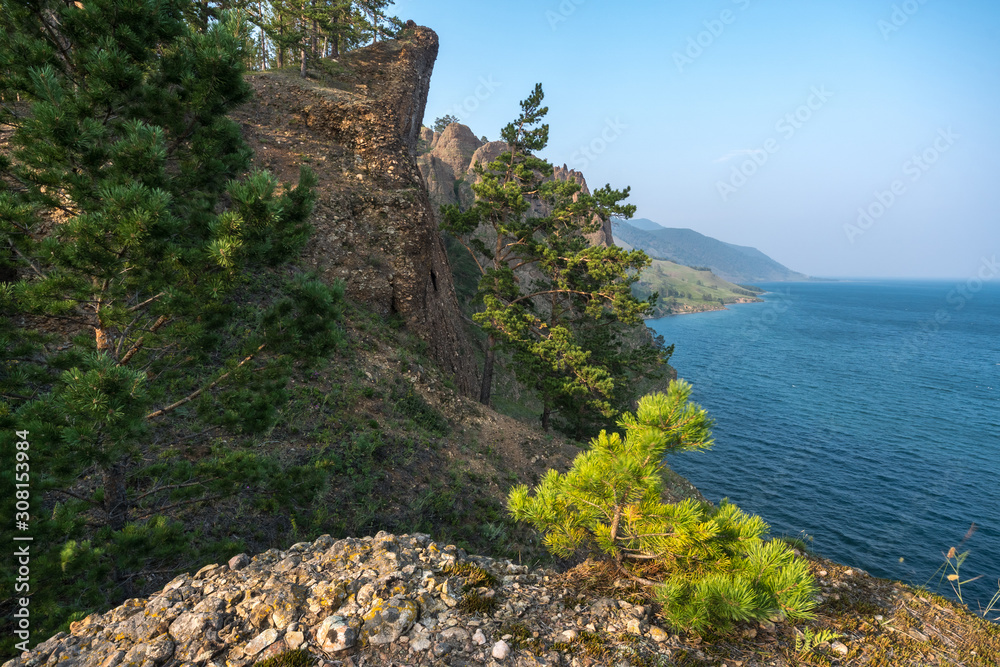 View from the cliff on the coast of Lake Baikal