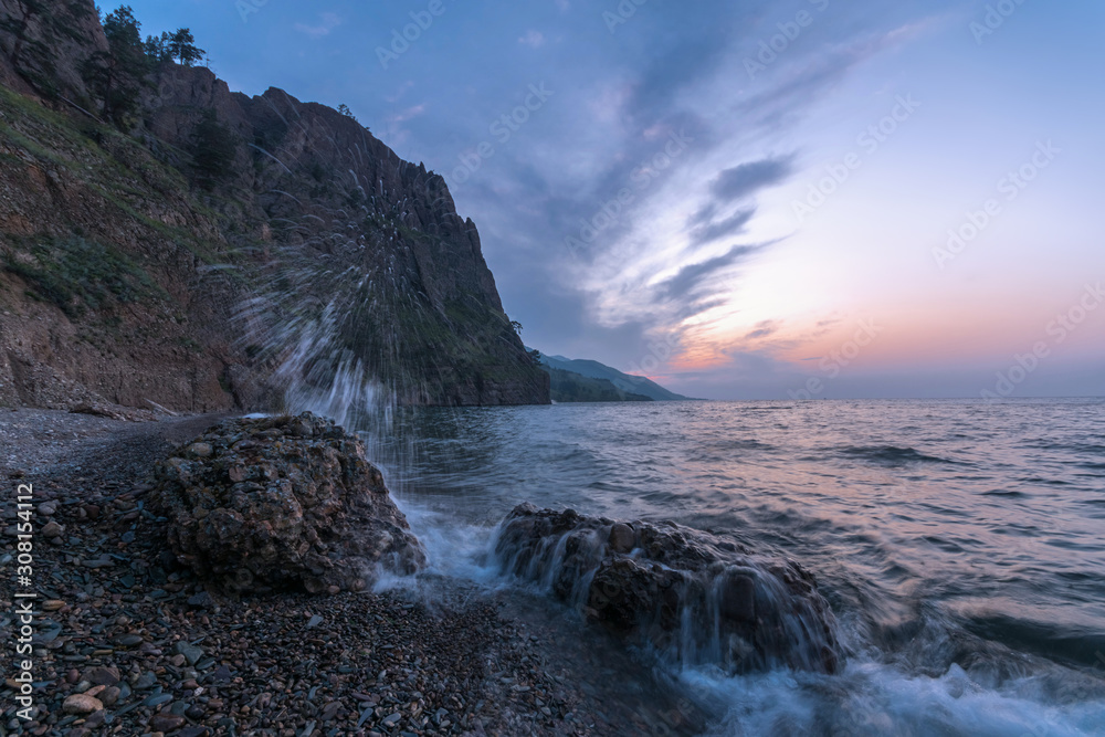 Waves breaking on coastal stone on Lake Baikal