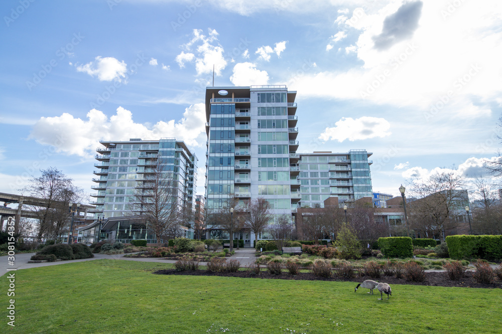 Highrise buldigns in the South Portland South Waterfront district in Portland, Oregon. Highrise buldigns in the South Portland South Waterfront district in Portland, Oregon.
