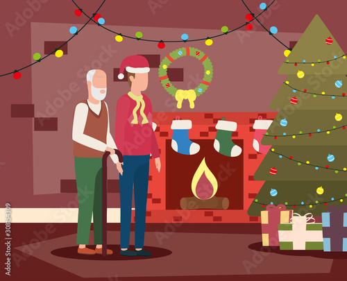 cute grandfather with young son in room christmas decorated