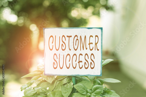 Writing note showing Customer Success. Business concept for customers achieve desired outcomes while using your product Plain paper attached to stick and placed in the grassy land