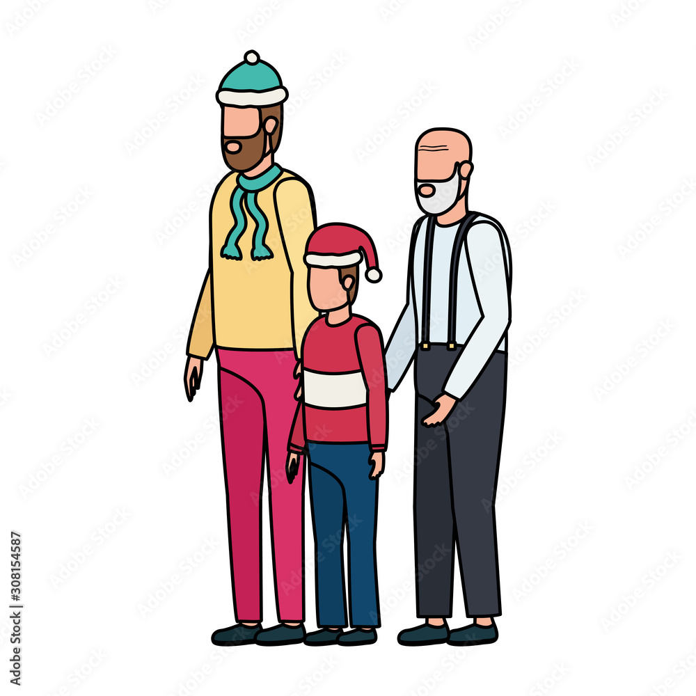 cute grandfather with young son and grandson using christmas hat cute grandfather with young son and grandson using christmas hat