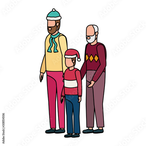 cute grandfather with young son and grandson using christmas hat