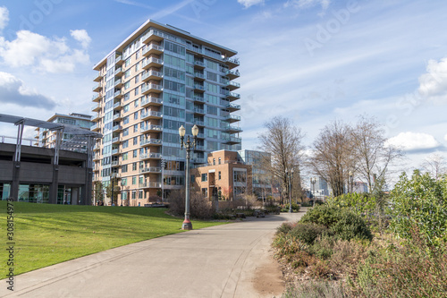 South Waterfront district in Portland, Oregon on a beautiful day.