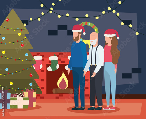 cute grandfather with young couple in room christmas decorated