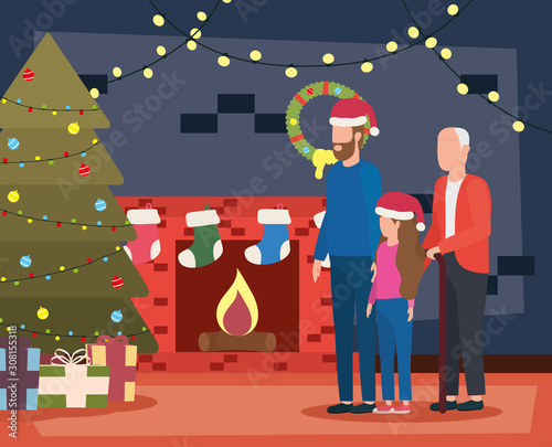 grandfather with son and granddaughter in room christmas decorated