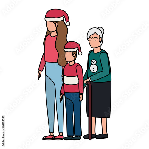 grandmother with daughter and grandson using christmas hat