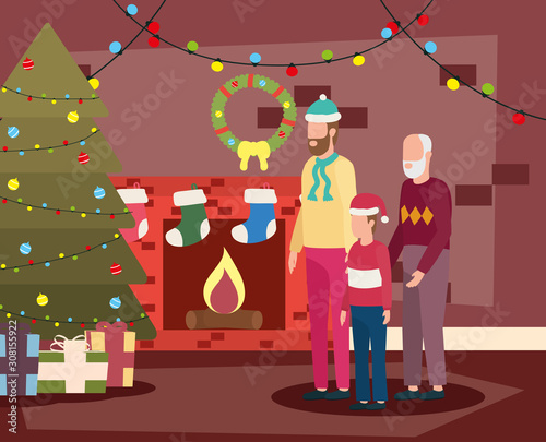 grandfather with son and grandson in room christmas decorated