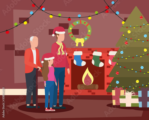 grandfather with son and granddaughter in room christmas decorated