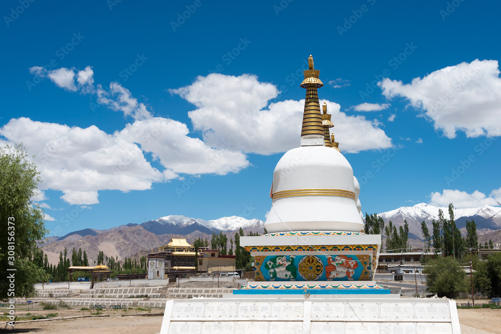 Ladakh, India - Jul 03 2019 - Tibetan Stupa at The Dalai Lama's Palace (JIVETSAL / His Holiness Photang) in Choglamsar, Ladakh, Jammu and Kashmir, India.