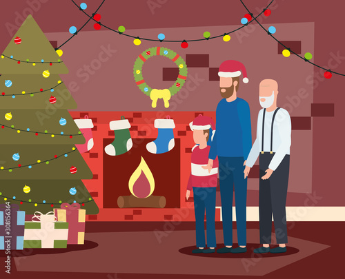 grandfather with son and grandson in room christmas decorated