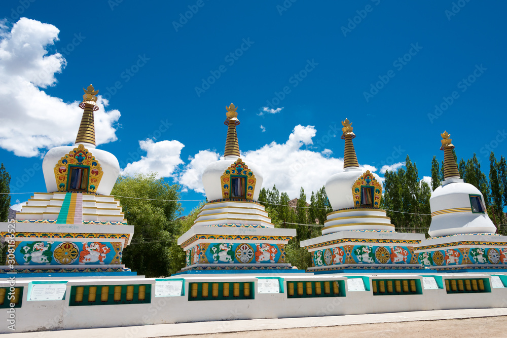 Ladakh, India - Jul 03 2019 - Tibetan Stupa at The Dalai Lama's Palace (JIVETSAL / His Holiness Photang) in Choglamsar, Ladakh, Jammu and Kashmir, India.