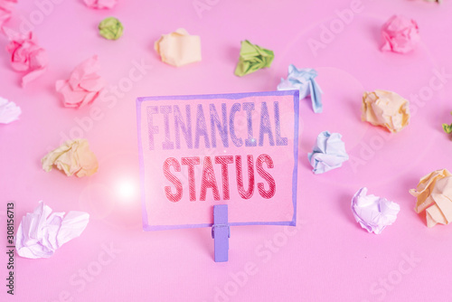Word writing text Financial Status. Business photo showcasing level of income into which applicants are categorized Colored crumpled papers empty reminder pink floor background clothespin