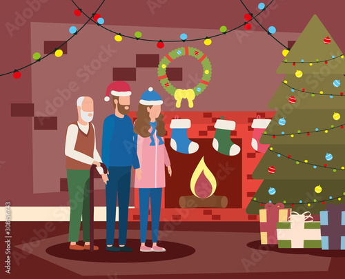 cute grandfather with young couple using christmas hat
