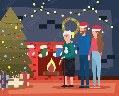 cute grandmother with young couple using christmas hat