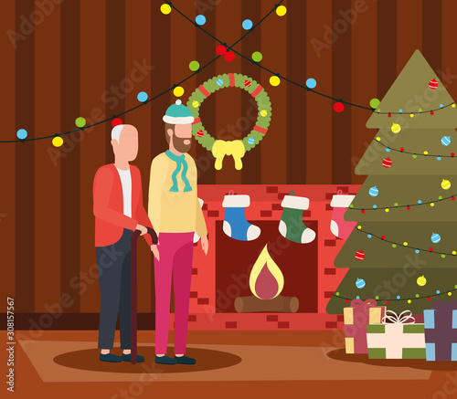 cute grandfather with young son in room christmas decorated