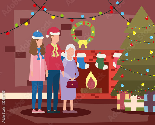 cute grandmother with young couple using christmas hat