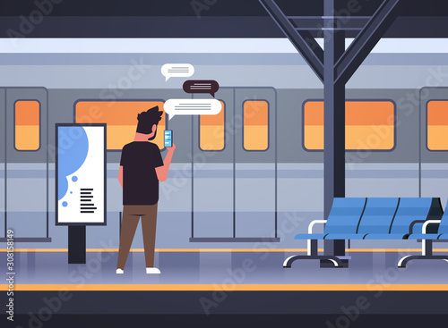 rear view man standing on platform using chatting mobile app on smartphone social network chat bubble communication concept train subway or railway station full length horizontal vector illustration