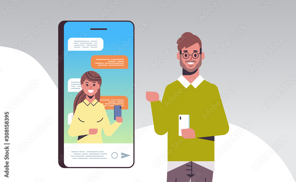 man using smartphone online conference video call with female colleague social network communication concept mobile application horizontal portrait vector illustration man using smartphone online conference video call with female colleague social network communication concept mobile application horizontal portrait vector illustration