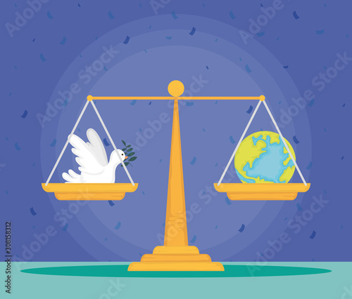 dove flying with olive branch and world planet in balance