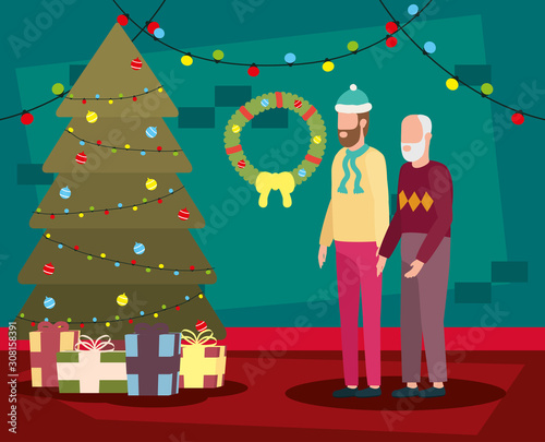 cute grandfather with young son in room christmas decorated