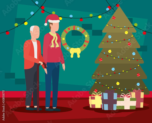 cute grandfather with young son in room christmas decorated