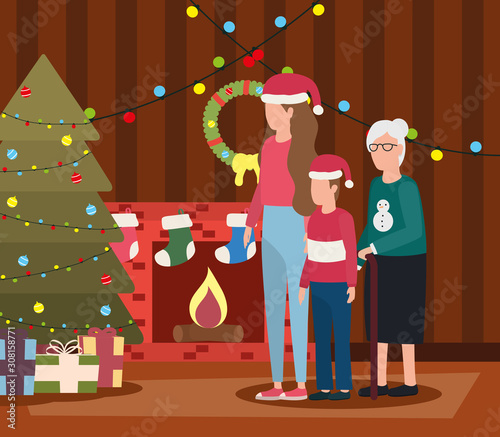 grandmother with daughter and grandson in room christmas decorated