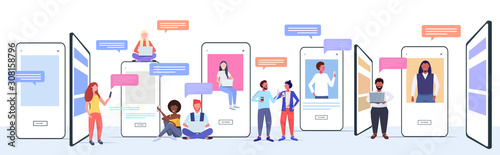 mix race people using chatting apps on digital devices social network chat bubble communication concept smartphone screens online mobile application full length horizontal vector illustration