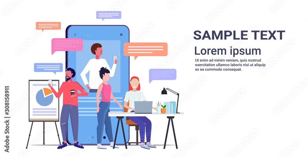 businesspeople using chatting apps on digital devices social network chat bubble communication concept smartphone screen online mobile application full length horizontal copy space vector illustration businesspeople using chatting apps on digital devices social network chat bubble communication concept smartphone screen online mobile application full length horizontal copy space vector illustration