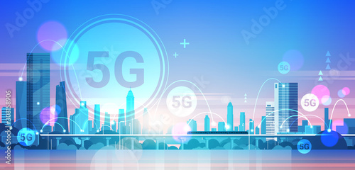 smart city 5G online communication network wireless systems connection concept fifth innovative generation of global high speed internet modern cityscape background flat horizontal banner vector