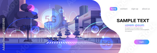 smart city 5G online communication network wireless systems connection concept fifth innovative generation of global high speed internet modern cityscape background flat horizontal copy space vector
