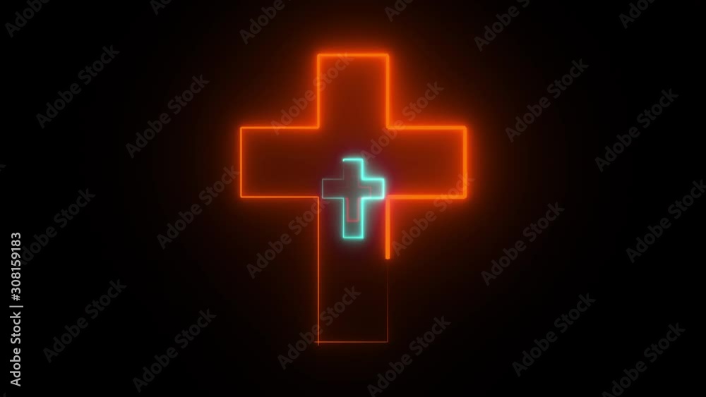 Fast tunnel of neon holy crosses in an upright position. Computer generated abstract flying in futuristic corridor. 3d rendering background