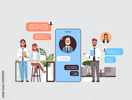 businesspeople using chatting app on digital devices social network chat bubble communication concept smartphone screen online mobile application full length horizontal vector illustration