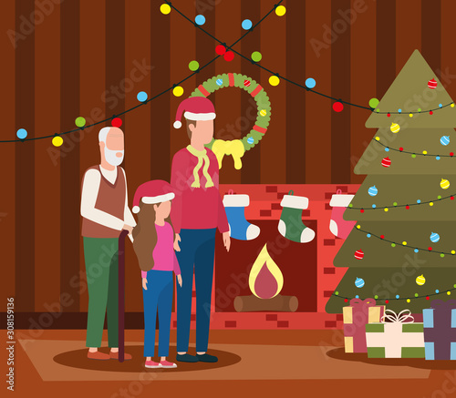 grandfather with son and granddaughter in room christmas decorated