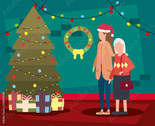 cute grandmother with daughter in room christmas decorated