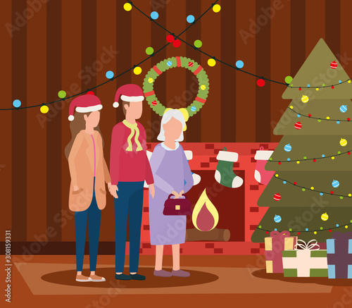 cute grandmother with young couple using christmas hat
