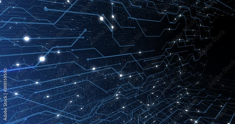4K seamless loop of print circuit technology cyber and futuristic concept. Circuit Board with moving electrons. CPU processing Data. Futuristic HUD technology Screen Data animation. 3D render