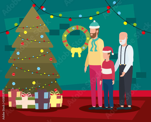 grandfather with son and grandson in room christmas decorated