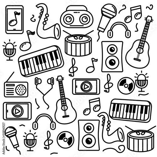 Music doodle vector illustration. Set of music related vector illustration with cute line design
