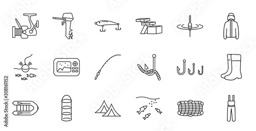Fishing tackle line vector icon set. Everything for fishing. Hook, lure, reel, bobber, outboard motor, fathometer, fishfinder, clothes . For online store design.