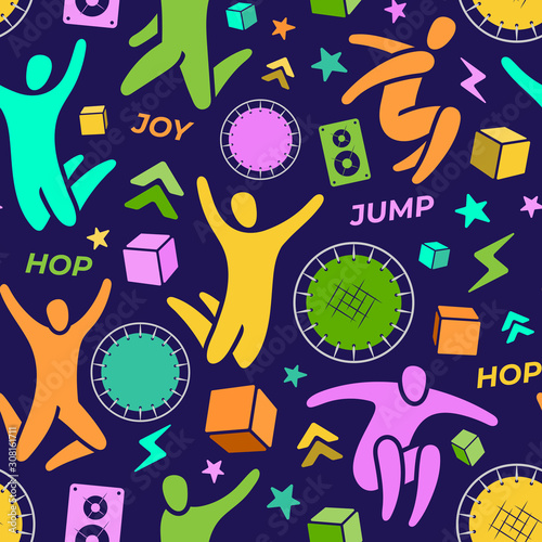 Repeating seamless pattern, swatch. Set of icons: jumping people, top view trampoline, sound speaker, foam rubber cubes, lightning, chevron. Trampoline, amusement park concept. Flat vector EPS 10