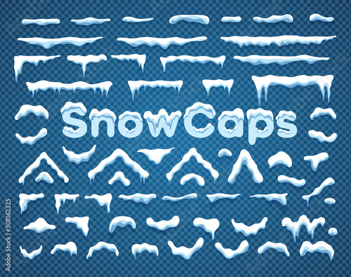 Snowcaps with snowflakes and icicles vector illustration collection. Horizontal and triangle white snow caps with icicle and snowflake decoration SnowCaps label on blue background for winter ornament