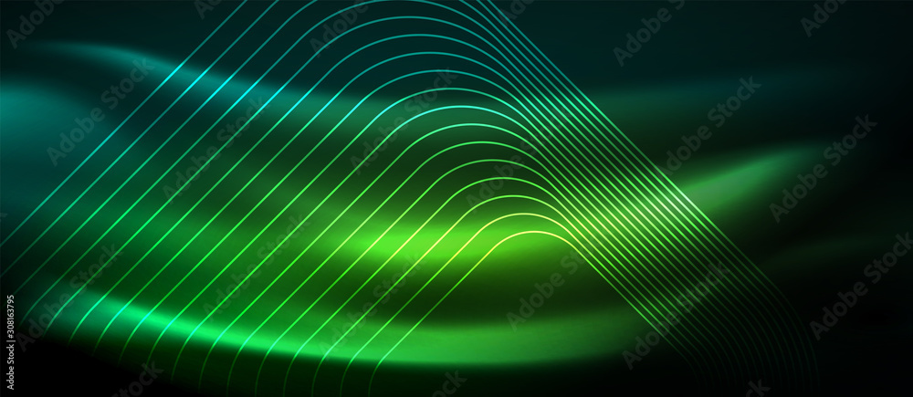 Dark background with neon glowing elements, shiny motion concept