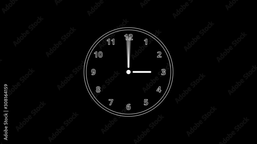 Animation of white clock counting down 12 hour day fast speed on black backdrop Animation of white clock counting down 12 hour day fast speed on black backdrop