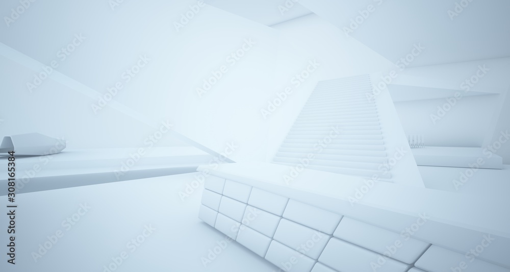 Abstract architectural white interior of a minimalist house with swimming pool. 3D illustration and rendering.